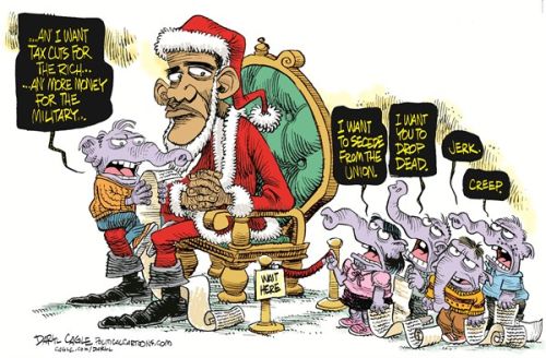 Obama as Santa Claus hearing Republicans' Christmas wishes:  "I want less taxes for the rich."  "I want to secede." "I want you to drop dead."