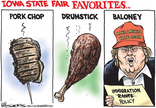 Iowa State Fair Favorites:  Pork chop, drum stick, Donald Trump wearing a 